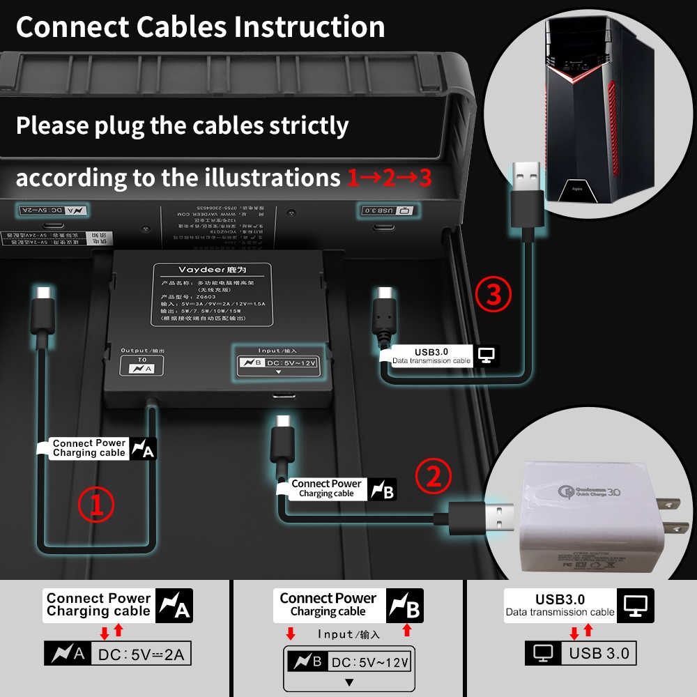 Βάση για Οθόνη Υπολογιστή Η/Υ, 4x USB HUB & Ασύρματος Φορτιστής Fast Charge Vaydeer - Μαύρο Αλουμινίου
